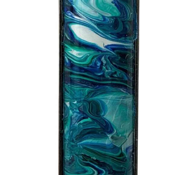 Handmade Blue Teal Fluid Art Bar Pendant Necklace Long Rectangle Minimalist - Picture 7 of 10